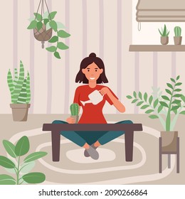 Urban Jungle, Urban Garden, Home Garden And Cozy Home. Gardening At Home Concept With Woman Watering Indoor Plants. Flat Illustration.