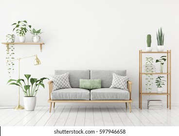 Urban jungle style livingroom with gray sofa, golden lamp and plants in pots on white wall background. 3d rendering.