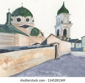 Urban Landscape, Church Illustration Painted With Watercolor, Drawing