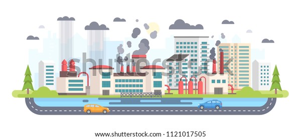 Urban\
landscape with factory - modern flat design style illustration on\
white background. A composition with a big plant making hazardous\
substances emissions. Air, water pollution\
concept