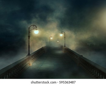 Urban landscape with a illuminated bridge in the fog. 3D rendering