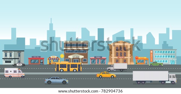 Urban landscape\
with modern buildings and market places. Different cars on the\
street. illustrations in cartoon style. Street urban city with road\
and exterior bank and\
pizza
