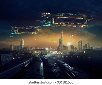 Urban landscape of post apocalyptic future with flying spaceships or life after a global war. Digital art.