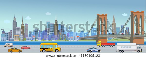Urban\
landscape street with city office buildings and car. River and\
bridge.. Traffic on the road. River and\
bridge.