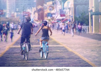 Urban lifestyle, couple biking at boardwalk pier, Atlantic City, Digital art paint effect                               