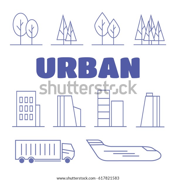Urban
line icons. Urban landscape linear signs. Urban
