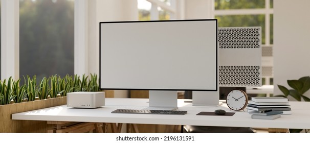 Urban Minimal Office Building Co-working Space With Modern PC Desktop Computer White Screen Mockup And Accessories On White Table. Close-up Image. 3d Rendering, 3d Illustration