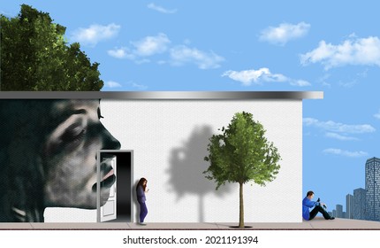 Urban mural art is seen in this 3-d illustration.