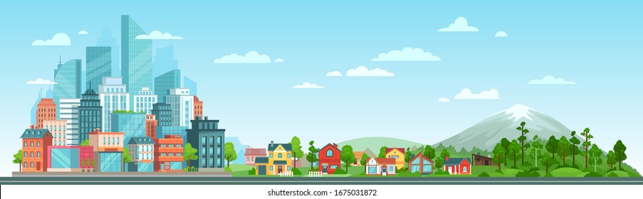 Urban and nature landscape. Modern city buildings, suburban houses and wild forest  illustration. Contemporary metropolis with skyscrapers, suburbs with cottages and woods panorama