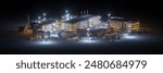 Urban panorama of industrial factory buildings with pipes at night. Workshops and warehouses with tanks on a black background. Top view of the city with small glowing buildings. 3d render