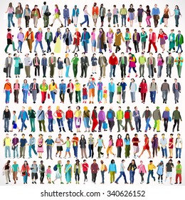 Urban People Color Silhouette Collage Set Colorful Flat Icon Set Isolated Walking Female Male People Characters. Asiatic British African Indian Young Adult Boys Girls Collage Crowd Color Illustration