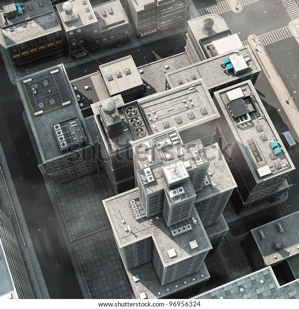 Urban Rooftops Aerial View Of A 3d City Render