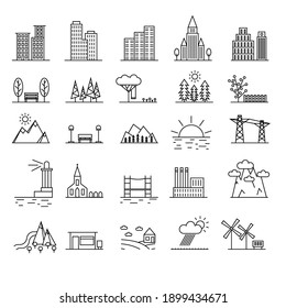 Urban Scenery Elements Black Thin Line Icon Set Isolated On White Background Include Of House And Building. Illustration