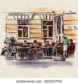 Urban Sketch Of A Street Cafe. Background. Drawing In Watercolor And Ink. 