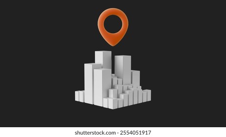 An Urban Skyline with a Location Pin Icon representing the blend of modern architecture and technology. 3D Illustration - Powered by Shutterstock