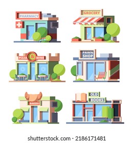 Urban Stores Colorful Flat Illustrations Set. Pawn Shop, Grocery, Bookstore, Bakery, Pizza And Wine, Pharmacy Building Facades, Exterior Isolated On White Background Collection