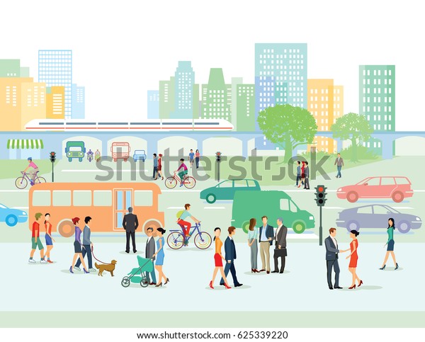 Urban\
street with pedestrians and cars, 3D\
illustration