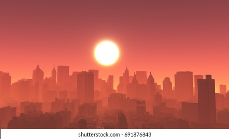 Urban sunset,New York,modern business building silhouette.3D rendering.