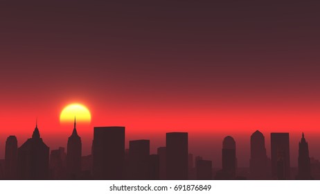 Urban sunset,New York,modern business building silhouette.3D rendering.