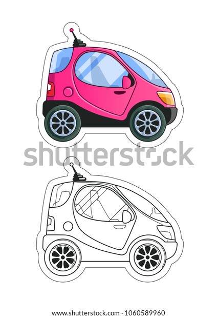 Urban Tiny Car Side View Coloring Book. Colored\
Illustration and Line\
Art.