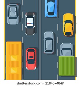 Urban traffic on highway top view flat illustration. City vehicles on road. Hatchback, suv, sedan. Trucks, police car and sportcar. Different automobiles. Colorful modern auto on roadway.