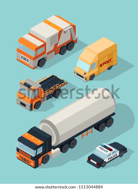 Urban vehicle\
isometric. Transportation city cars gas service fuel truck, trailer\
van bus 3d traffic\
pictures