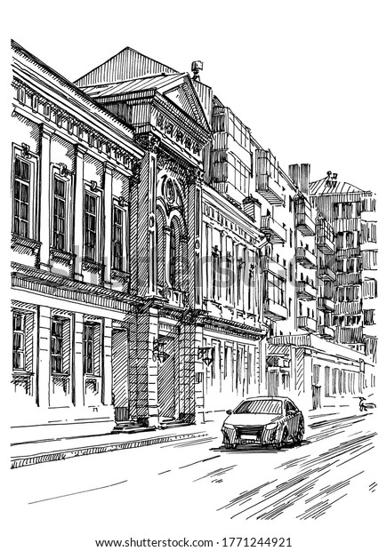 Urban view of the city street with buildings and\
cars. Summer day black and white hand drawing with pen and ink.\
Sketch style.