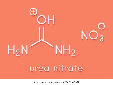 Urea nitrate high explosive molecule. Prepared by reacting urea with nitric acid and commonly used in improvised explosive devices (IEDs). Skeletal formula.