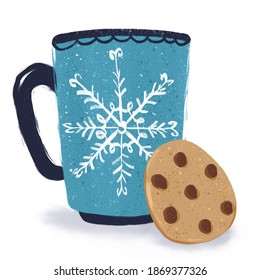 Urquoise Mug With Blue And White Elements And Cookies With Chocolate. Winter Story, Time For A Delicious Snack, Breakfast Or Dinner.