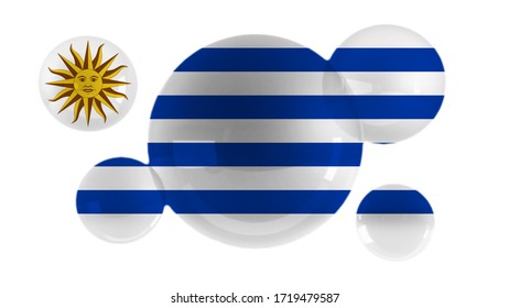 Bandera uruguaya en burbujas y fondo blanco. Ilustración 3D