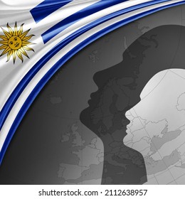 Uruguay flag of silk with world map and human head background -3D illustration