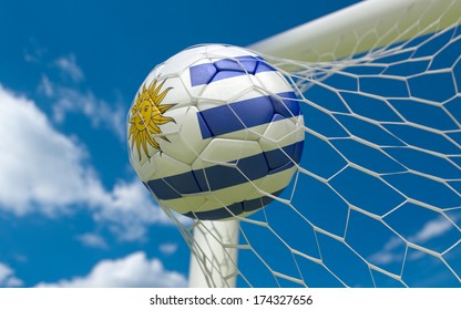 Uruguay Flag And Soccer Ball, Football In Goal Net