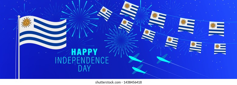 August 25 Uruguay Independence Day greeting card. Celebration background with fireworks, flags, flagpole and text. - Powered by Shutterstock