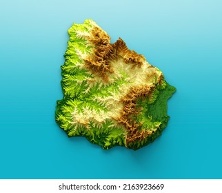 Uruguay Map Shaded relief Color Height map on the sea Blue Background 3d illustration