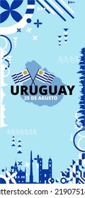 Uruguay National Independence Day Snapshot  Or Story Design. Uruguay Flag And Map Theme With Building Landmark Background. Abstract Geometric Retro Shapes Of Blue And White Color. 