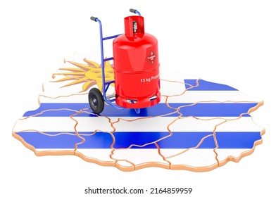 Uruguayan map with propane gas cylinder on hand truck. Gas Delivery Service in Uruguay, concept. 3D rendering isolated on white background