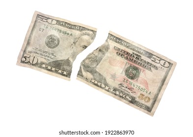 US 50 Dollar Bill Torn 3D Illustration On White Background