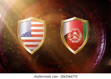 Us And Afghanistan Flag In Golden Shield On Copper Texture Background.3d Illustration.