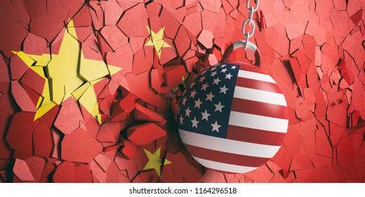 US Of America And China Relations. USA Flag Wrecking Ball Breaking A Chinese Flag Wall. 3d Illustration