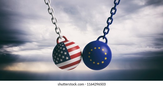 US Of America And European Union Relations. USA And EU Flags Wrecking Balls Swinging On Blue Cloudy Sky Background. 3d Illustration