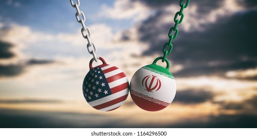 US of America and Iran relations. USA and Iranian flags wrecking balls swinging on blue cloudy sky background. 3d illustration