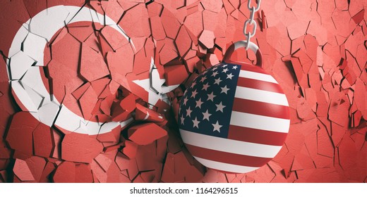 US Of America And Turkey Relations. USA Flag Wrecking Ball Breaking A Turkey Flag Wall. 3d Illustration