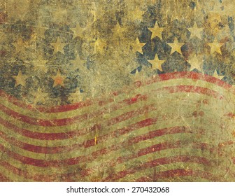 A US American Flag Design In A Grunge Style Heavily Distressed, Damaged And Faded With The Appearance Of Being Old Paint On Concrete.