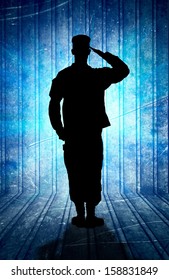 US Army soldier in Parade rest position. Back view, grunge background