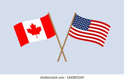 US And Canada Crossed Flags On Stick. American And Canadian National Symbols.