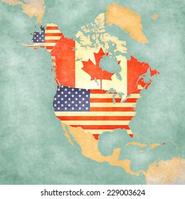 US and Canada on the outline map of North America. The Map is in vintage summer style and sunny mood. The map has a soft grunge and vintage atmosphere, which acts as watercolor painting on old paper. 