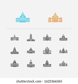 Us Capitols Icons Set. Delaware State Capitol And Us Capitols Icons With Government, Dome And Oklahoma State Capitol. Set Of Construction For Web App Logo UI Design.