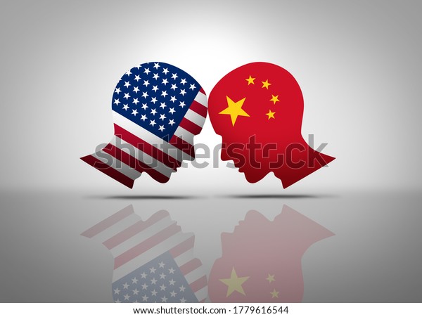 US\
China conflict and USA or United States trade and American tariffs\
conflict with two opposing trading partners as an economic import\
and exports dispute concept with 3D illustration\
style