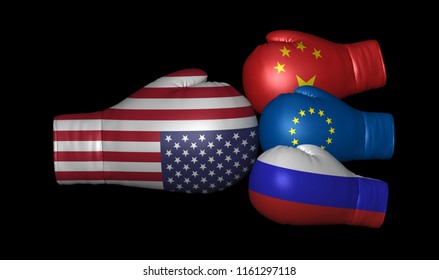 Us China Russia Eu Trade War Usa Tariffs Sanctions Europe America 3d Boxing Gloves Flags United States European Union Conflict Confrontation Crisis Global Leadership Primacy Armament Isolated On Black