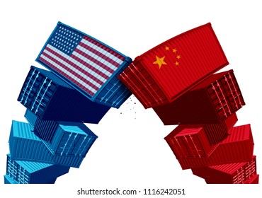 US China tariff dispute trade war and United States or American as two groups of opposing cargo containers as an economic taxation conflict over import and exports concept as a 3D illustration.
